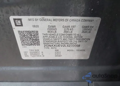 2020 Chevrolet Equinox Awd Lt 1.5L Turbo from USA, damaged, VIN 2GNAXUEV2L6270068